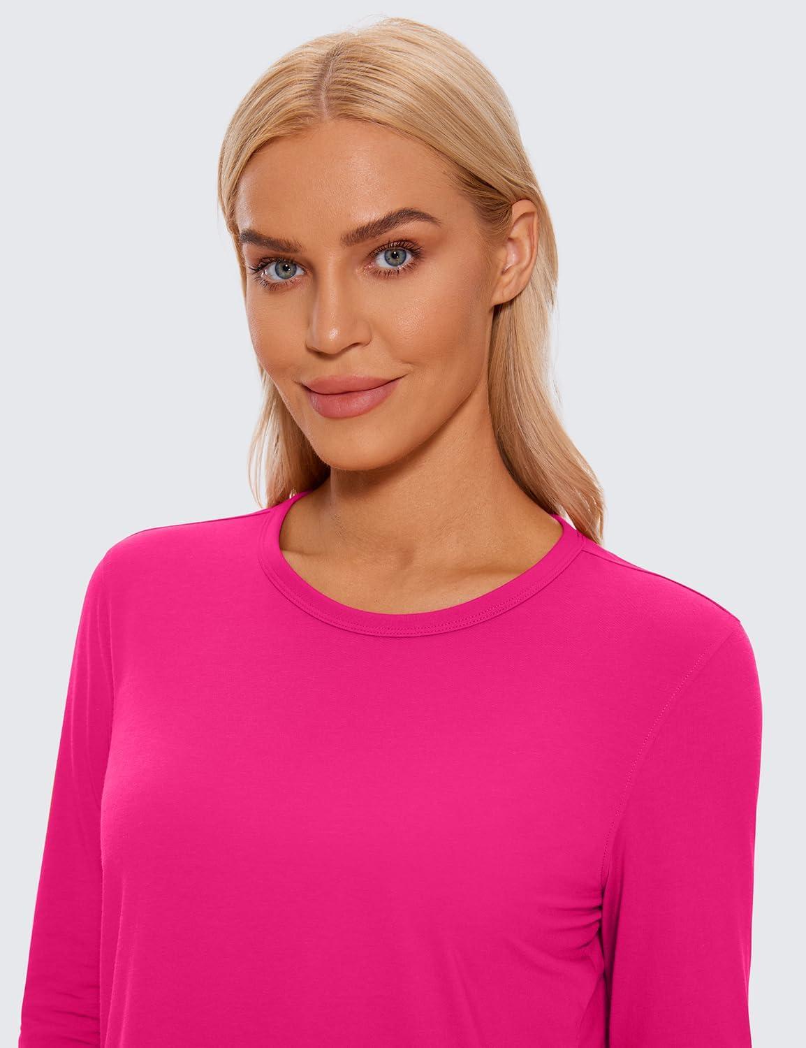 imageCRZ YOGA Pima Cotton Long Sleeve Workout Shirts for Women Loose Cropped Tops Athletic Sports TShirtGranita Pink