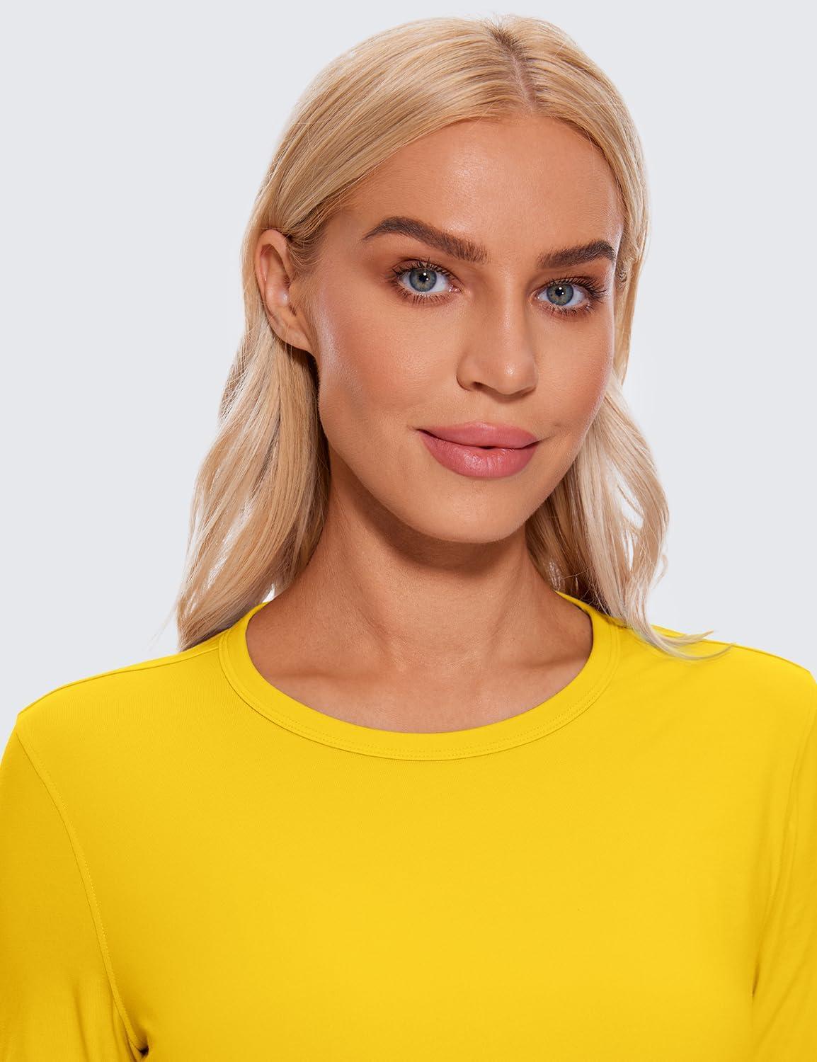 imageCRZ YOGA Pima Cotton Long Sleeve Workout Shirts for Women Loose Cropped Tops Athletic Sports TShirtHigh Visibility Yellow