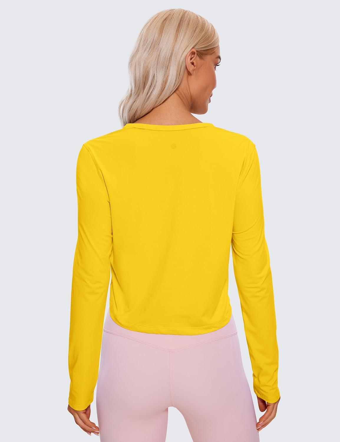 imageCRZ YOGA Pima Cotton Long Sleeve Workout Shirts for Women Loose Cropped Tops Athletic Sports TShirtHigh Visibility Yellow