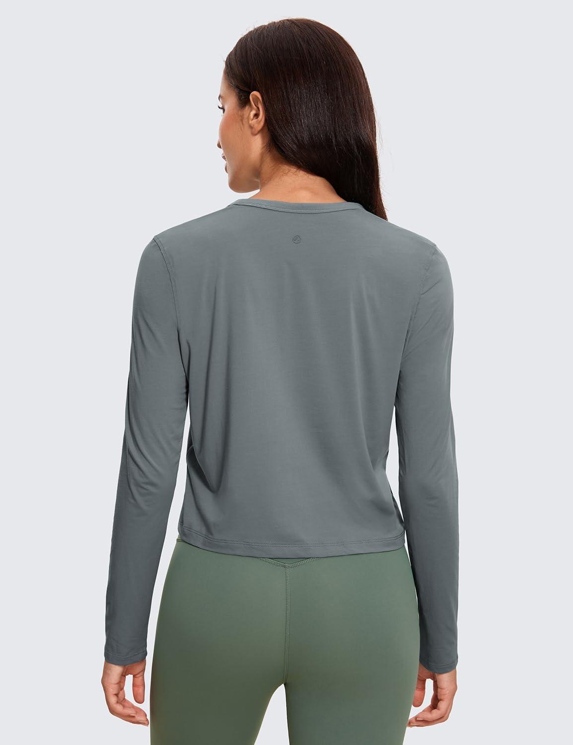 imageCRZ YOGA Pima Cotton Long Sleeve Workout Shirts for Women Loose Cropped Tops Athletic Sports TShirtLava Smoke Grey