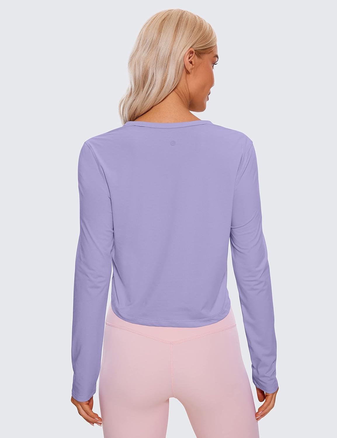 imageCRZ YOGA Pima Cotton Long Sleeve Workout Shirts for Women Loose Cropped Tops Athletic Sports TShirtLavender Gray