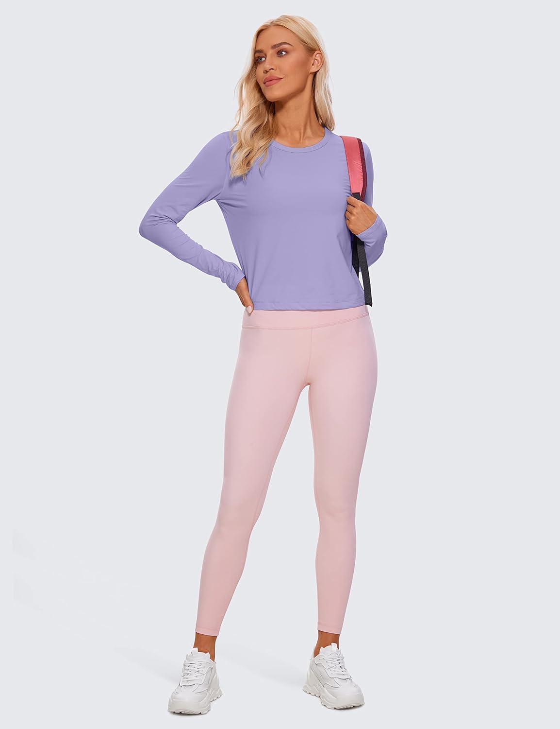 imageCRZ YOGA Pima Cotton Long Sleeve Workout Shirts for Women Loose Cropped Tops Athletic Sports TShirtLavender Gray