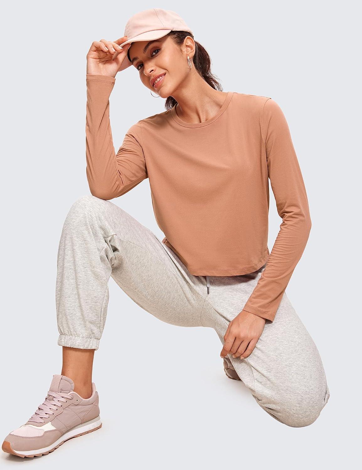 imageCRZ YOGA Pima Cotton Long Sleeve Workout Shirts for Women Loose Cropped Tops Athletic Sports TShirtMocha Mousse