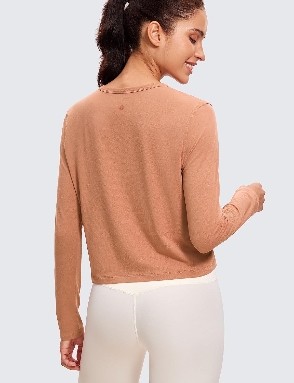 imageCRZ YOGA Pima Cotton Long Sleeve Workout Shirts for Women Loose Cropped Tops Athletic Sports TShirtMocha Mousse