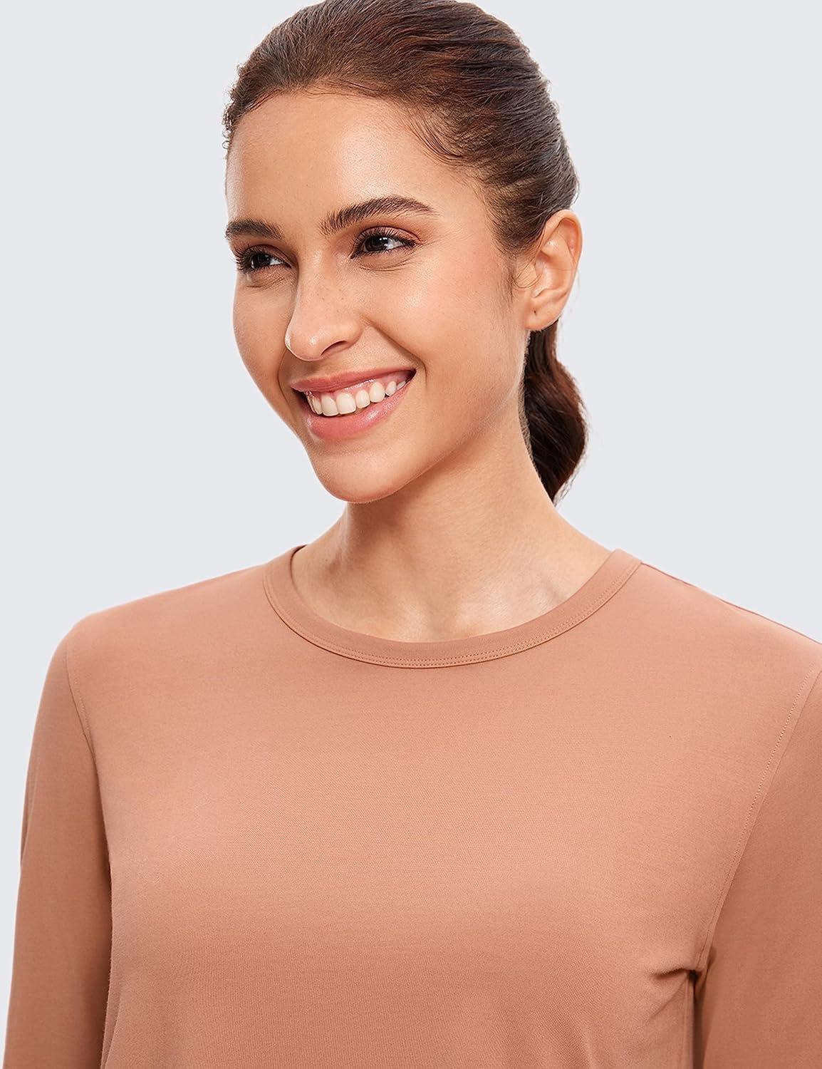 imageCRZ YOGA Pima Cotton Long Sleeve Workout Shirts for Women Loose Cropped Tops Athletic Sports TShirtMocha Mousse