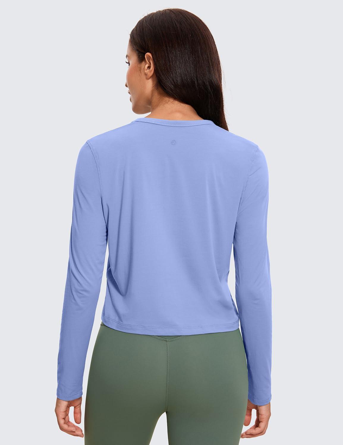 imageCRZ YOGA Pima Cotton Long Sleeve Workout Shirts for Women Loose Cropped Tops Athletic Sports TShirtPeriwinkle Purple