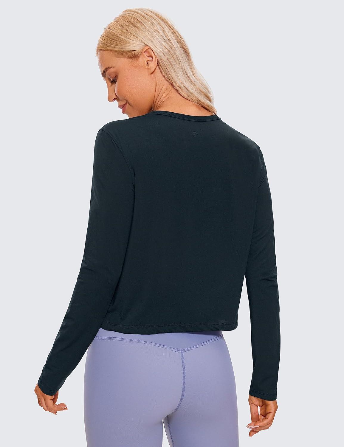 imageCRZ YOGA Pima Cotton Long Sleeve Workout Shirts for Women Loose Cropped Tops Athletic Sports TShirtTrue Navy