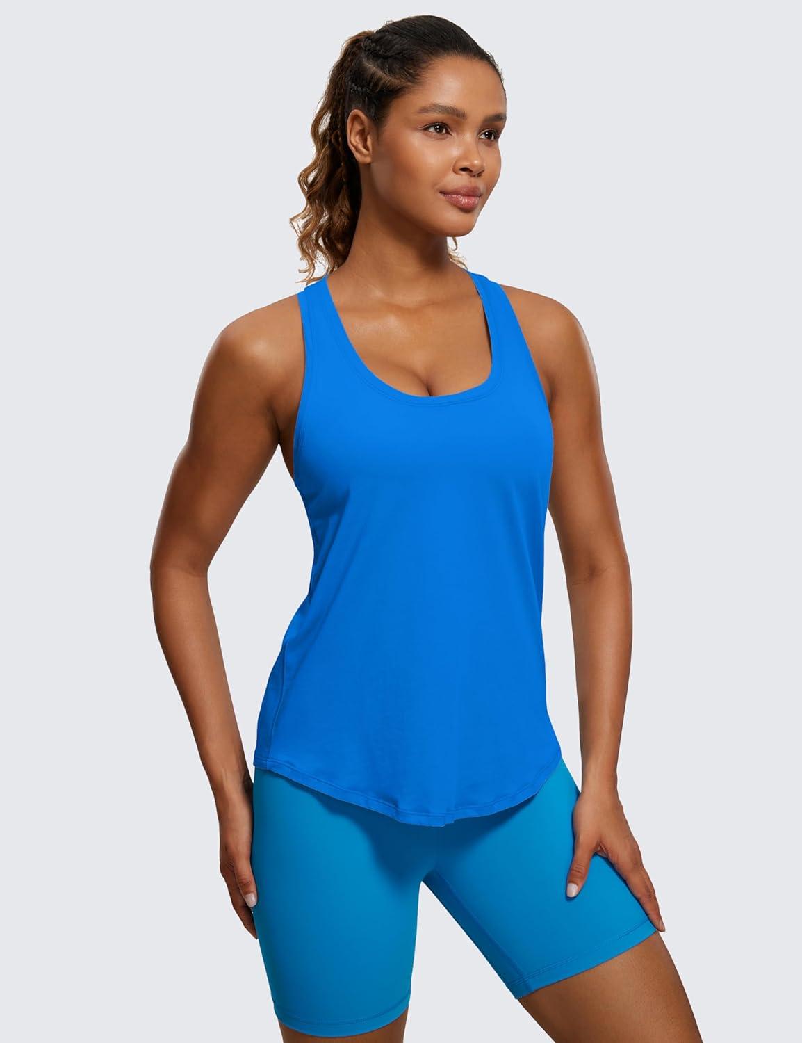 imageCRZ YOGA Pima Cotton Racerback Tank Tops for Women Workout Athletic Casual Soft Scoop Neck Sleeveless ShirtsSparkle Blue