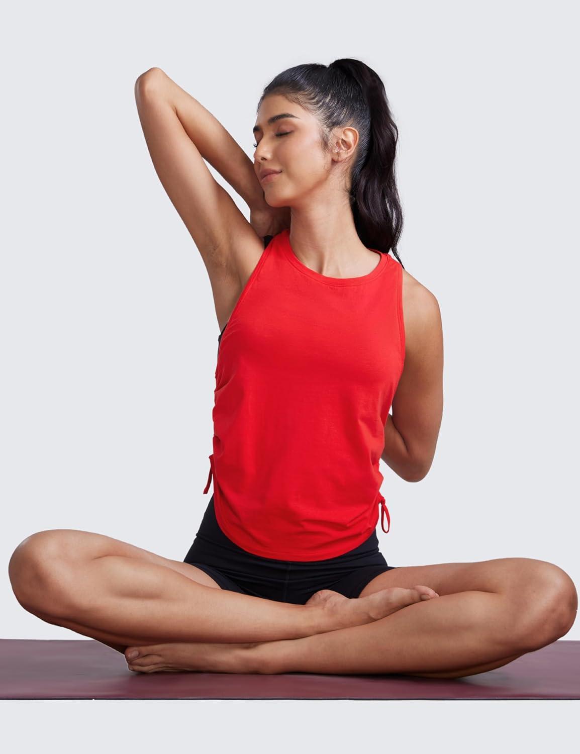 imageCRZ YOGA Pima Cotton Ruched Side Tank Tops for Women Workout Athletic Casual Racerback Crewneck Loose Sleeveless ShirtsFestival Red
