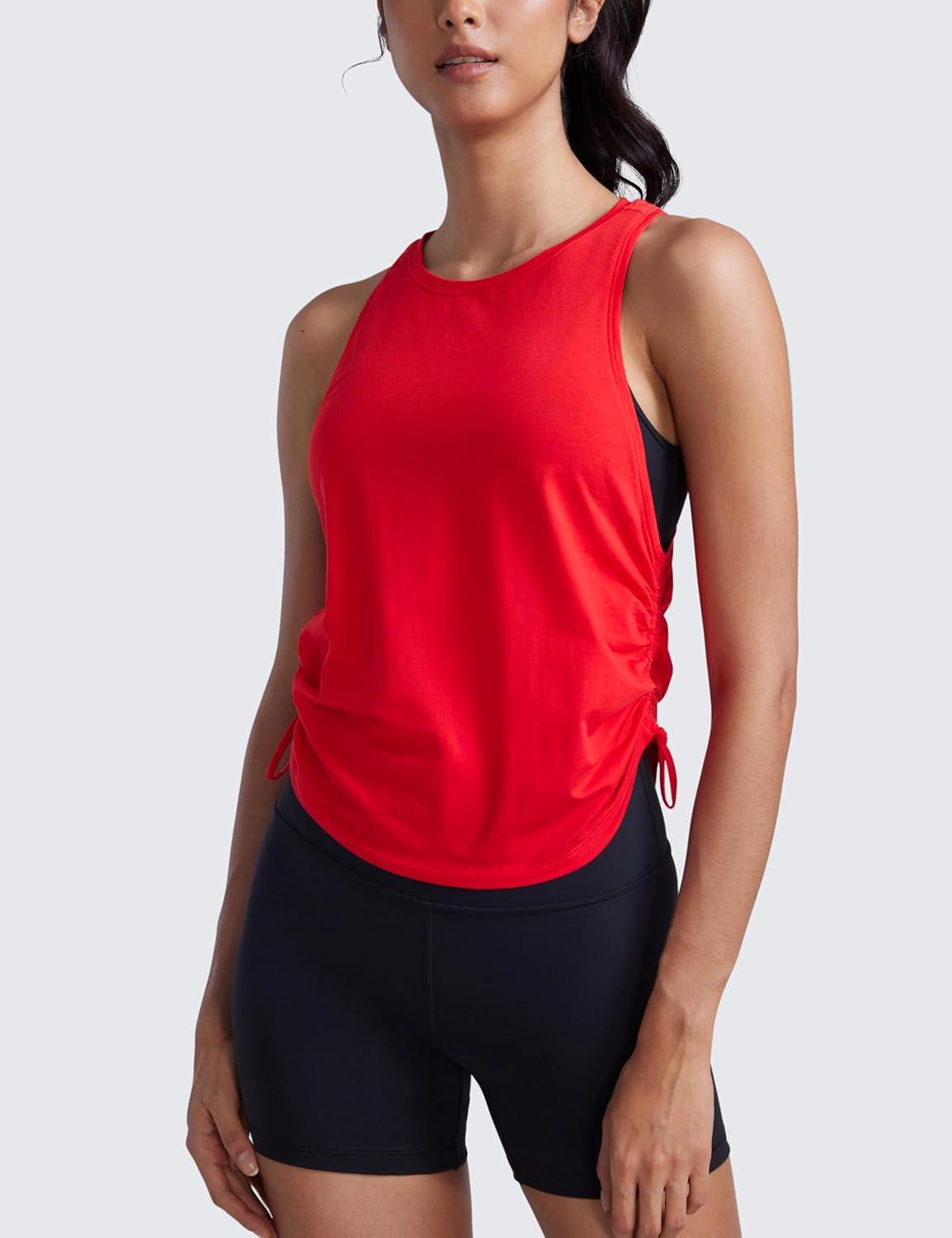 imageCRZ YOGA Pima Cotton Ruched Side Tank Tops for Women Workout Athletic Casual Racerback Crewneck Loose Sleeveless ShirtsFestival Red