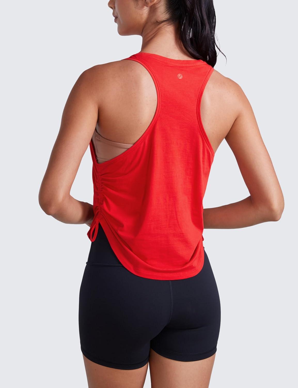imageCRZ YOGA Pima Cotton Ruched Side Tank Tops for Women Workout Athletic Casual Racerback Crewneck Loose Sleeveless ShirtsFestival Red