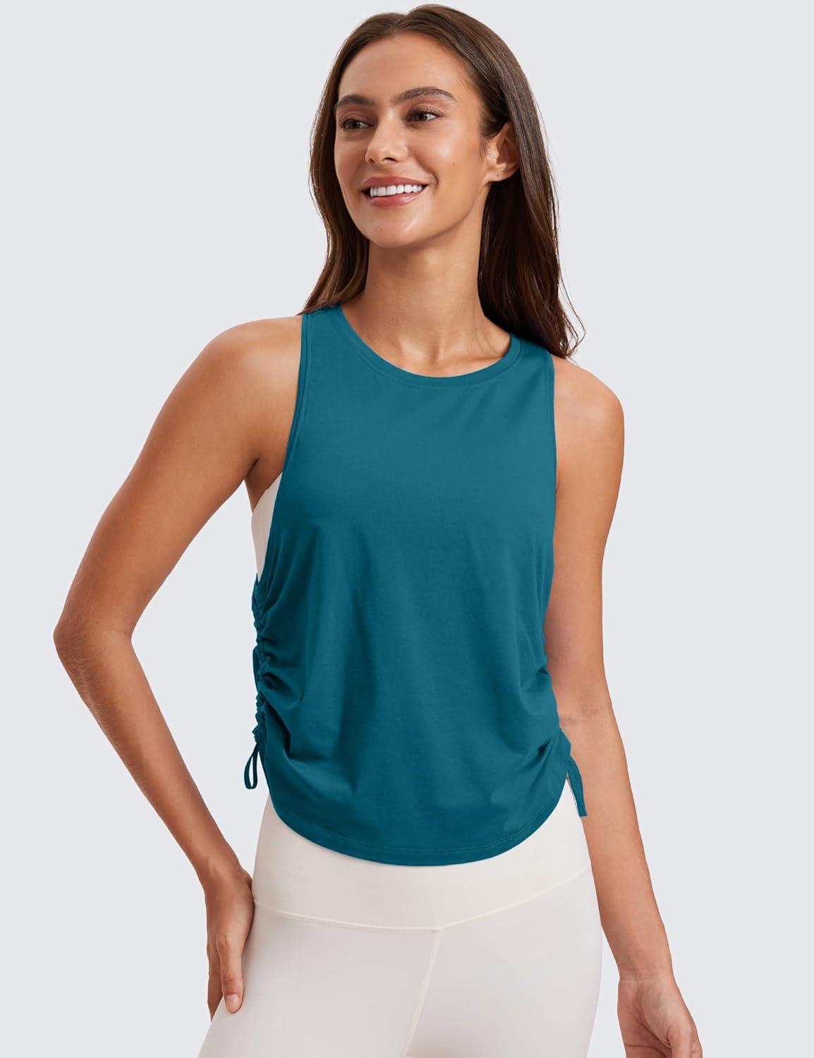 imageCRZ YOGA Pima Cotton Ruched Side Tank Tops for Women Workout Athletic Casual Racerback Crewneck Loose Sleeveless ShirtsGreen Jade