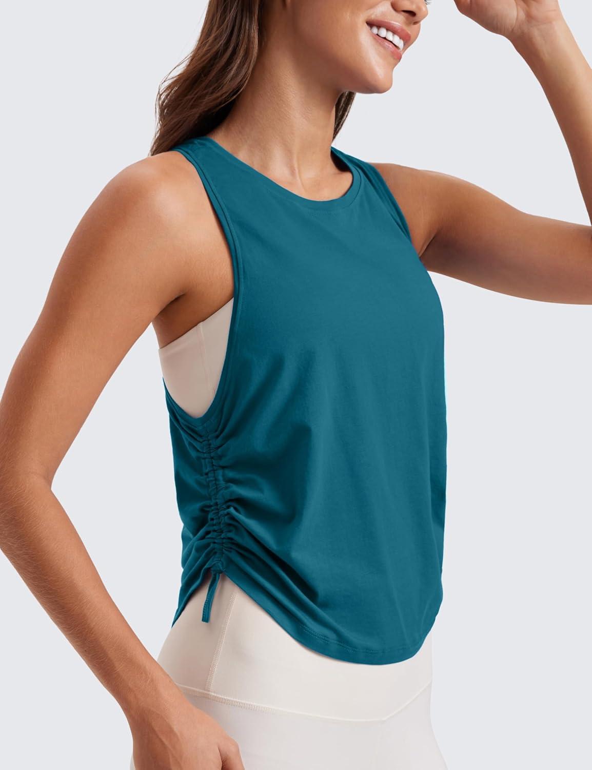 imageCRZ YOGA Pima Cotton Ruched Side Tank Tops for Women Workout Athletic Casual Racerback Crewneck Loose Sleeveless ShirtsGreen Jade
