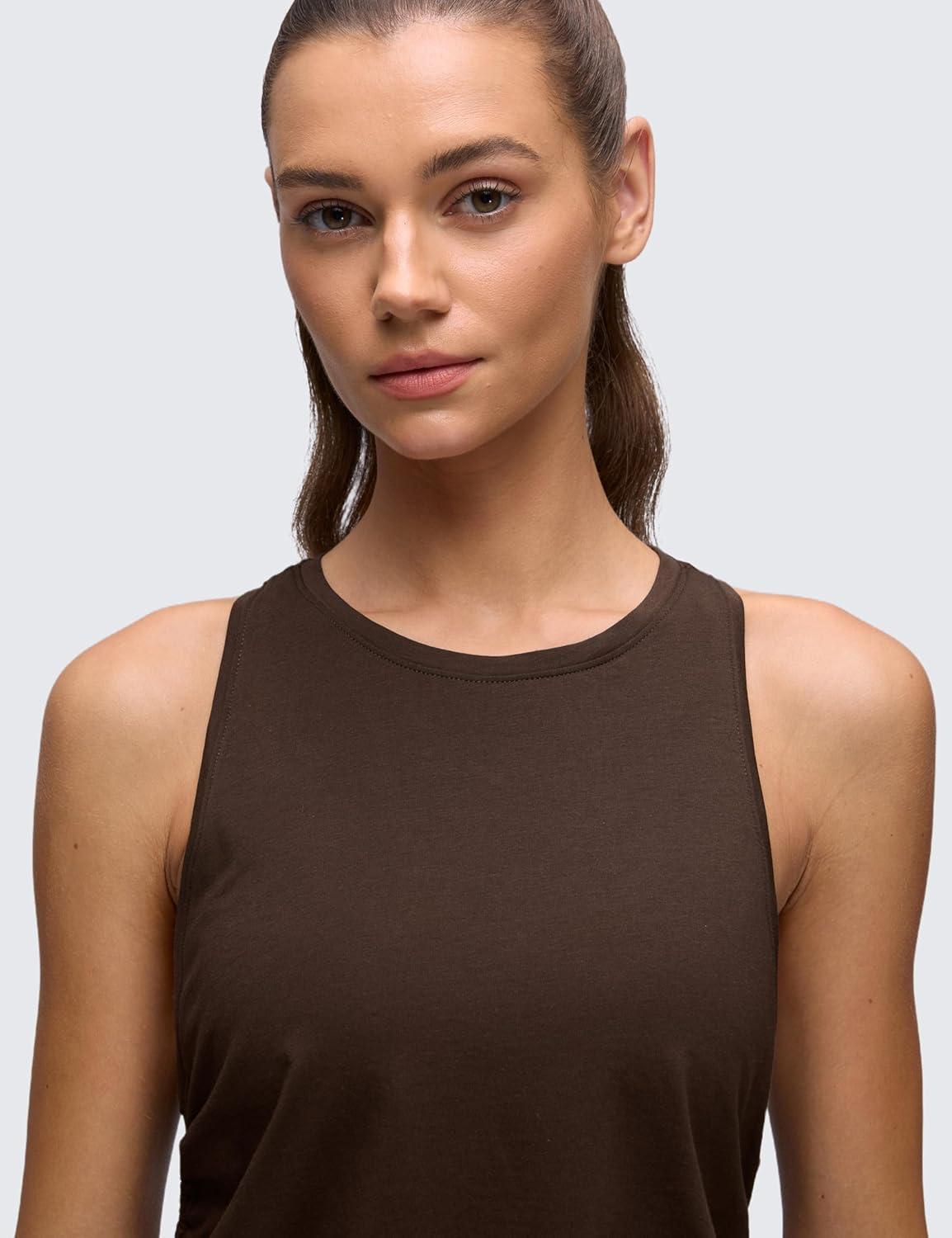 imageCRZ YOGA Pima Cotton Ruched Side Tank Tops for Women Workout Athletic Casual Racerback Crewneck Loose Sleeveless ShirtsHot Fudge Brown