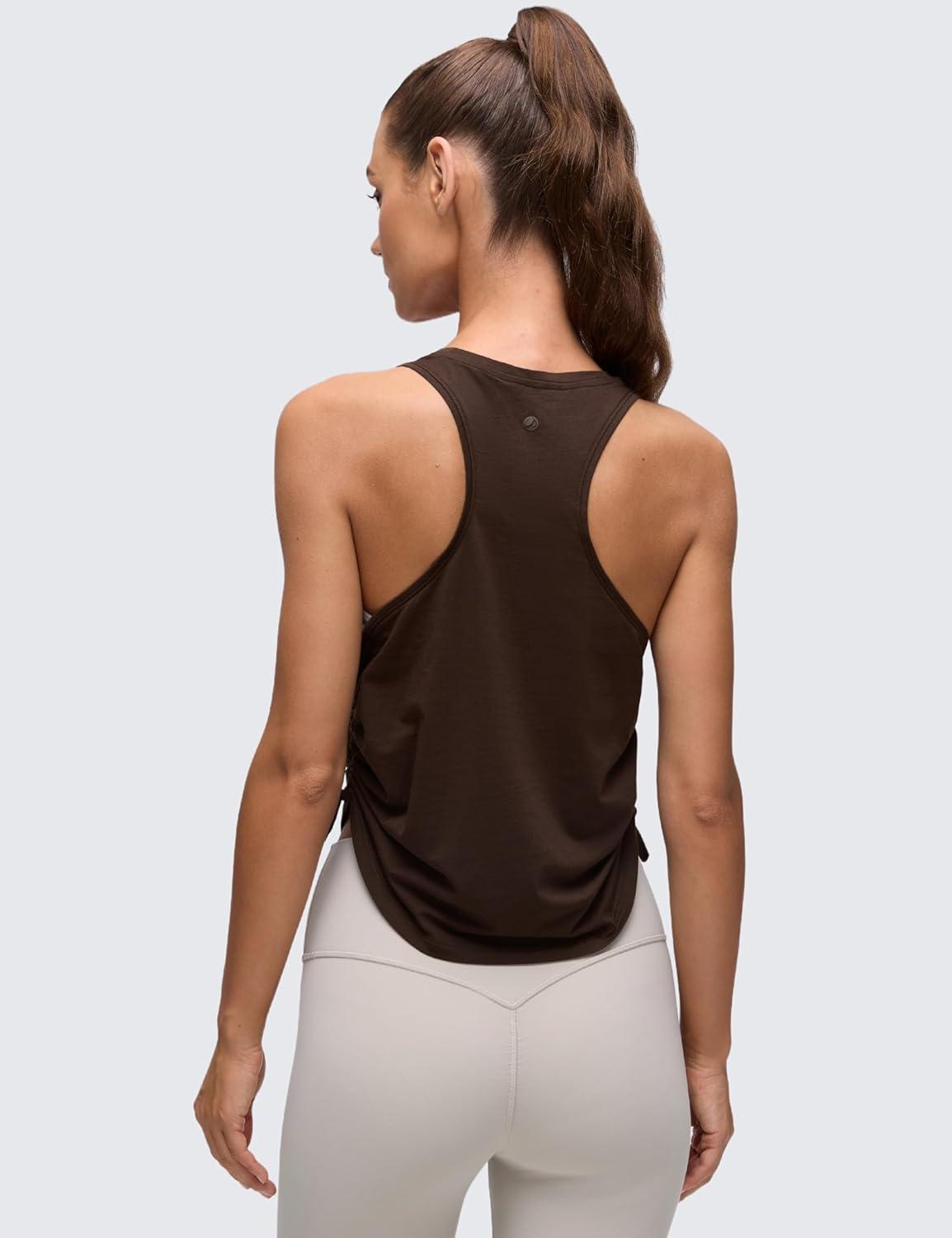imageCRZ YOGA Pima Cotton Ruched Side Tank Tops for Women Workout Athletic Casual Racerback Crewneck Loose Sleeveless ShirtsHot Fudge Brown
