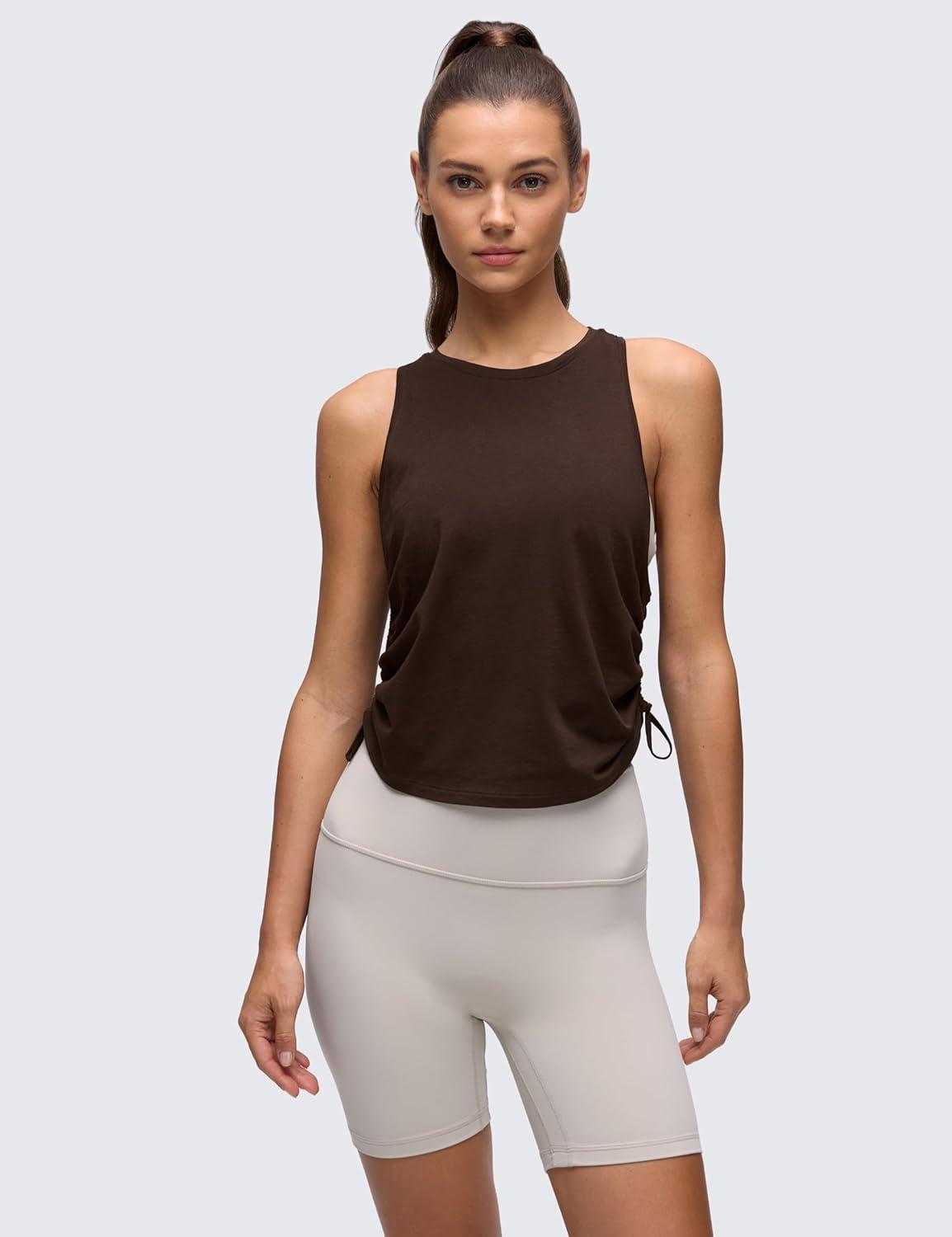 imageCRZ YOGA Pima Cotton Ruched Side Tank Tops for Women Workout Athletic Casual Racerback Crewneck Loose Sleeveless ShirtsHot Fudge Brown