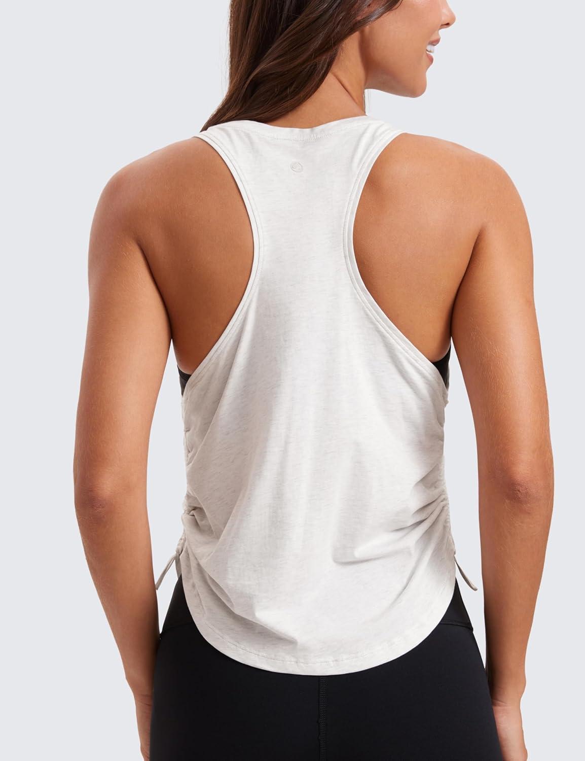 imageCRZ YOGA Pima Cotton Ruched Side Tank Tops for Women Workout Athletic Casual Racerback Crewneck Loose Sleeveless ShirtsIce GreyWhite