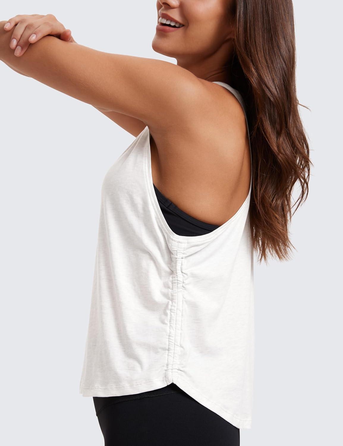 imageCRZ YOGA Pima Cotton Ruched Side Tank Tops for Women Workout Athletic Casual Racerback Crewneck Loose Sleeveless ShirtsIce GreyWhite