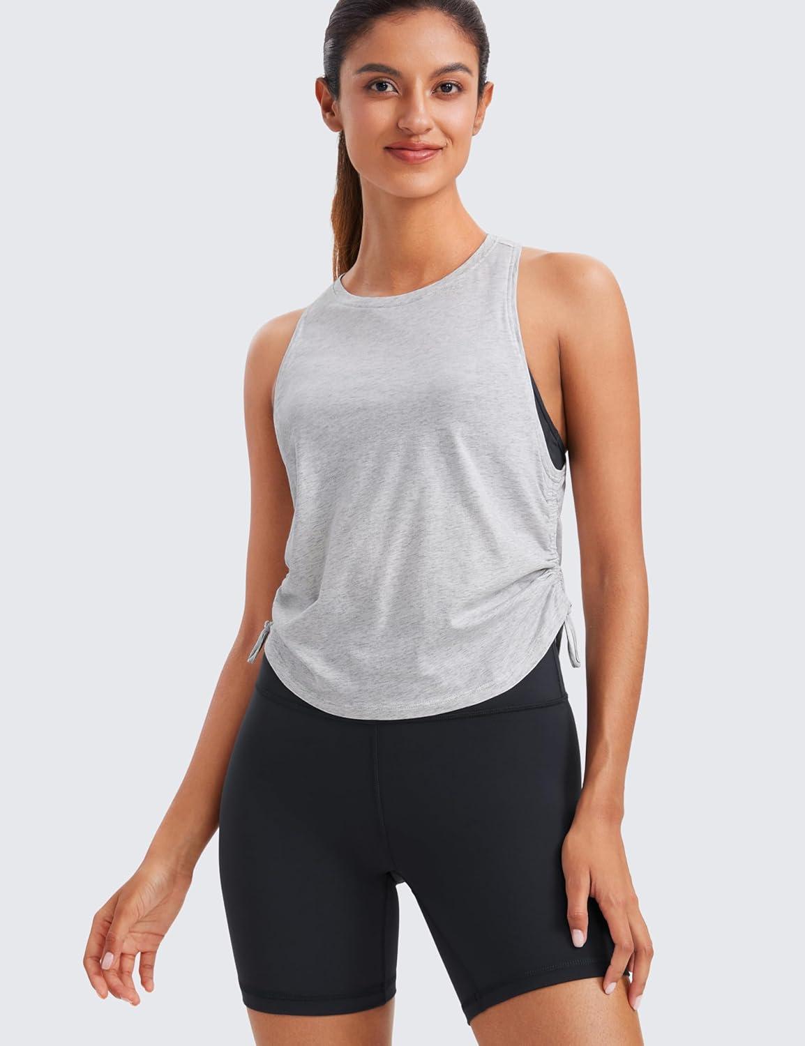 imageCRZ YOGA Pima Cotton Ruched Side Tank Tops for Women Workout Athletic Casual Racerback Crewneck Loose Sleeveless ShirtsLight Grey Heather