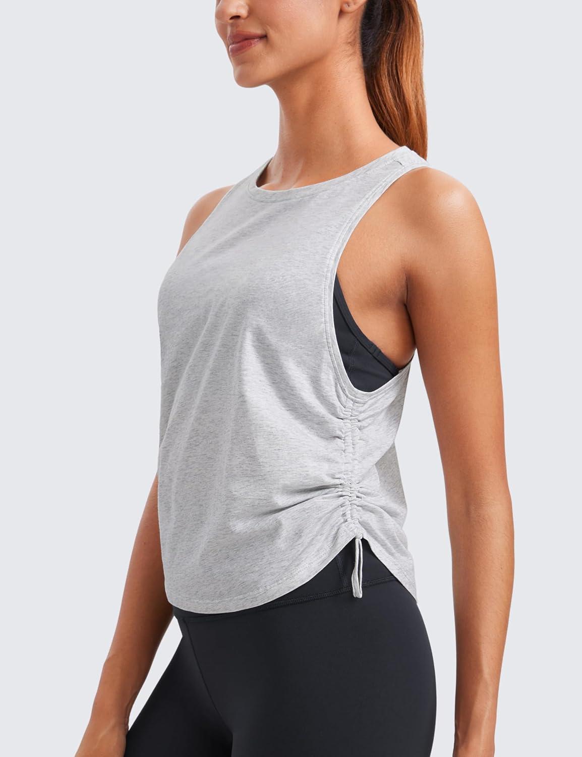 imageCRZ YOGA Pima Cotton Ruched Side Tank Tops for Women Workout Athletic Casual Racerback Crewneck Loose Sleeveless ShirtsLight Grey Heather