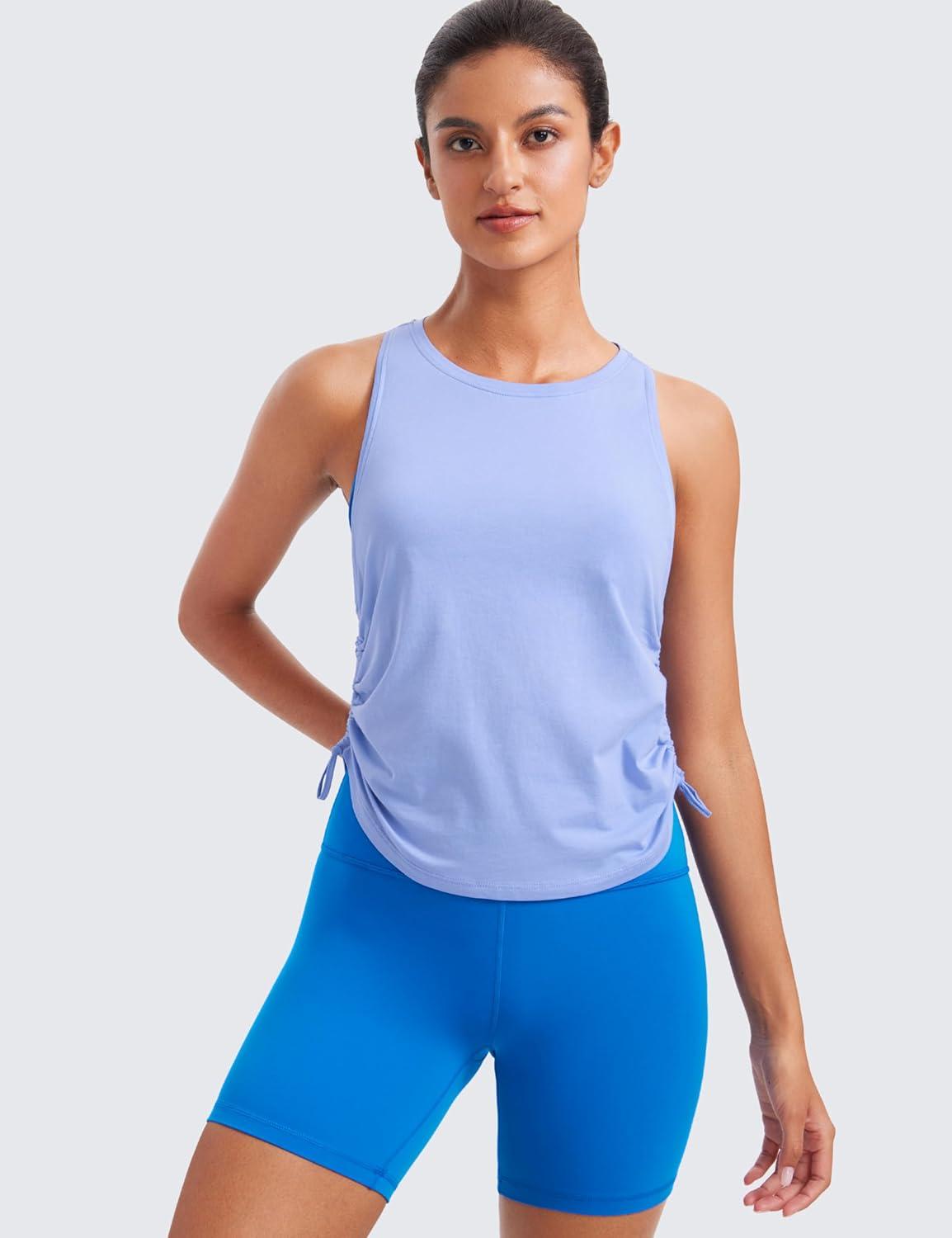 imageCRZ YOGA Pima Cotton Ruched Side Tank Tops for Women Workout Athletic Casual Racerback Crewneck Loose Sleeveless ShirtsPeriwinkle Purple