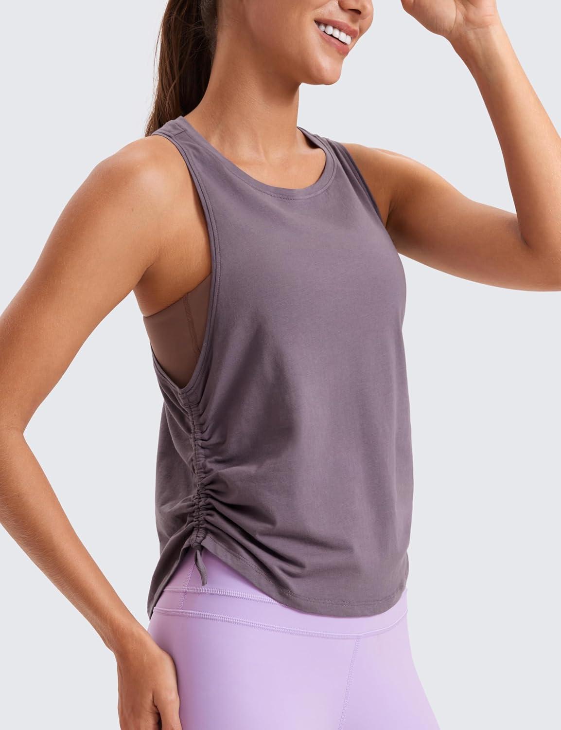 imageCRZ YOGA Pima Cotton Ruched Side Tank Tops for Women Workout Athletic Casual Racerback Crewneck Loose Sleeveless ShirtsPurple Gray