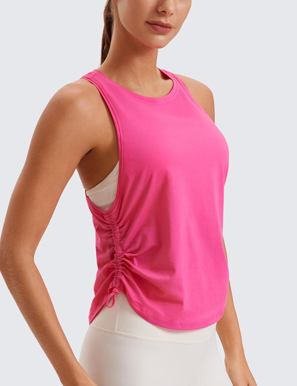 imageCRZ YOGA Pima Cotton Ruched Side Tank Tops for Women Workout Athletic Casual Racerback Crewneck Loose Sleeveless ShirtsSonic Pink