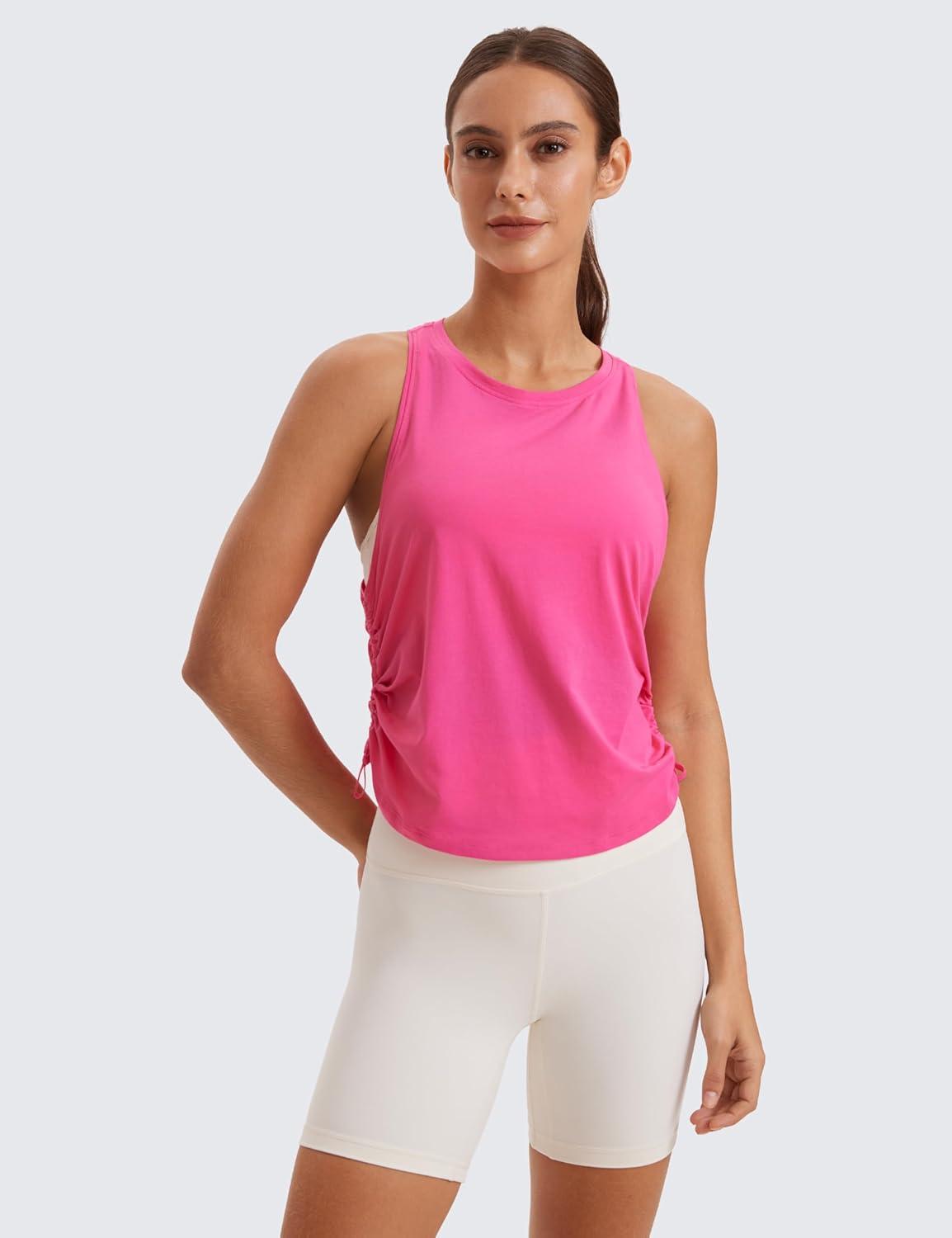 imageCRZ YOGA Pima Cotton Ruched Side Tank Tops for Women Workout Athletic Casual Racerback Crewneck Loose Sleeveless ShirtsSonic Pink