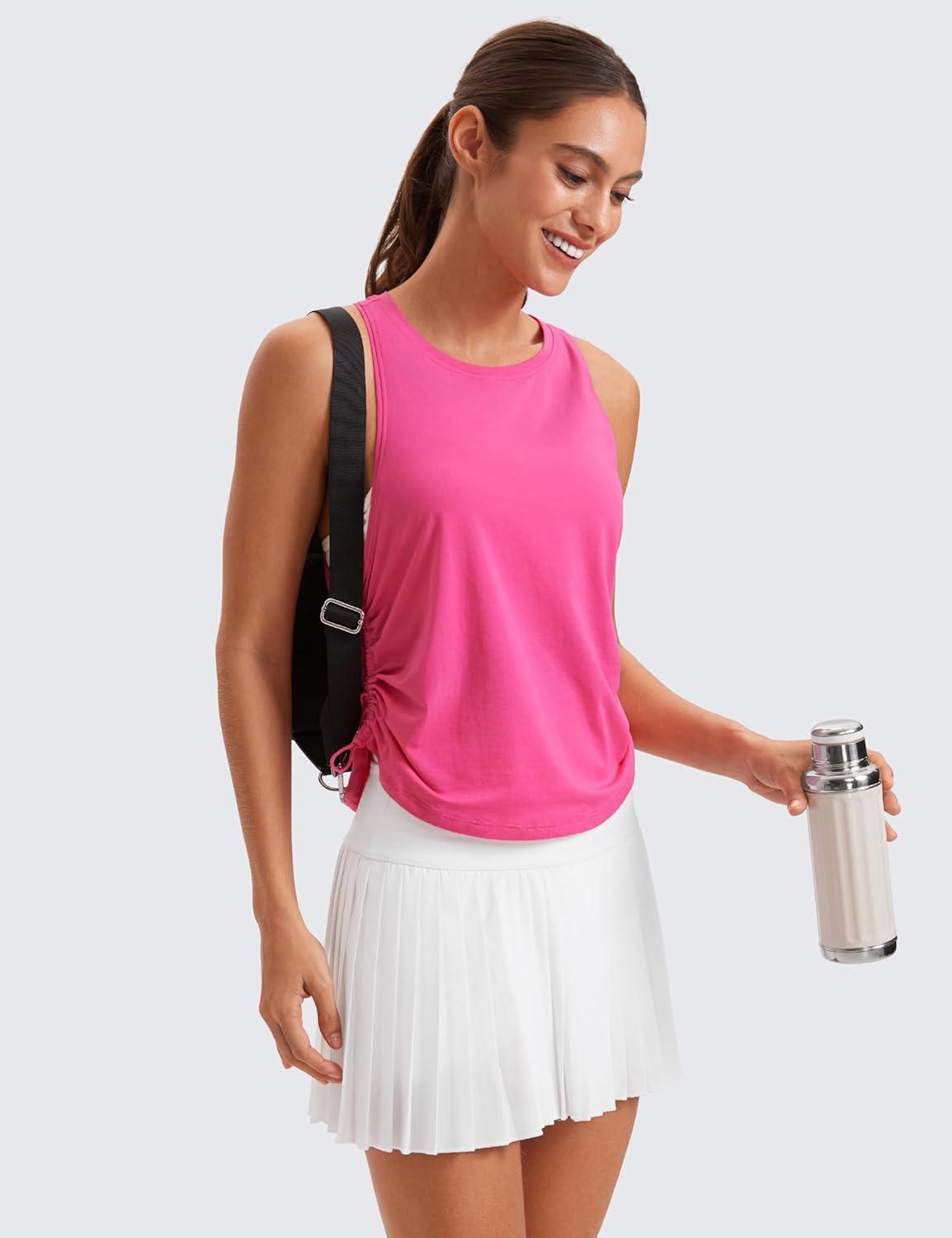 imageCRZ YOGA Pima Cotton Ruched Side Tank Tops for Women Workout Athletic Casual Racerback Crewneck Loose Sleeveless ShirtsSonic Pink