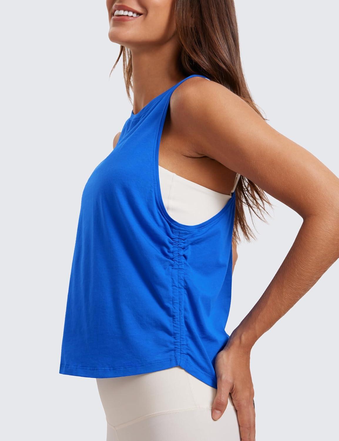 imageCRZ YOGA Pima Cotton Ruched Side Tank Tops for Women Workout Athletic Casual Racerback Crewneck Loose Sleeveless ShirtsStrong Blue