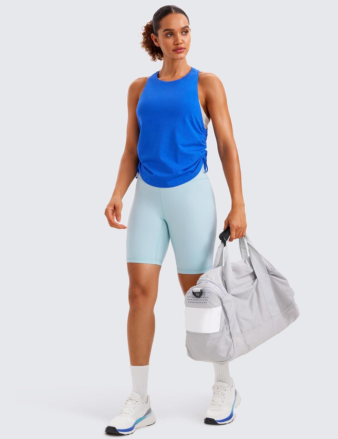 imageCRZ YOGA Pima Cotton Ruched Side Tank Tops for Women Workout Athletic Casual Racerback Crewneck Loose Sleeveless ShirtsStrong Blue