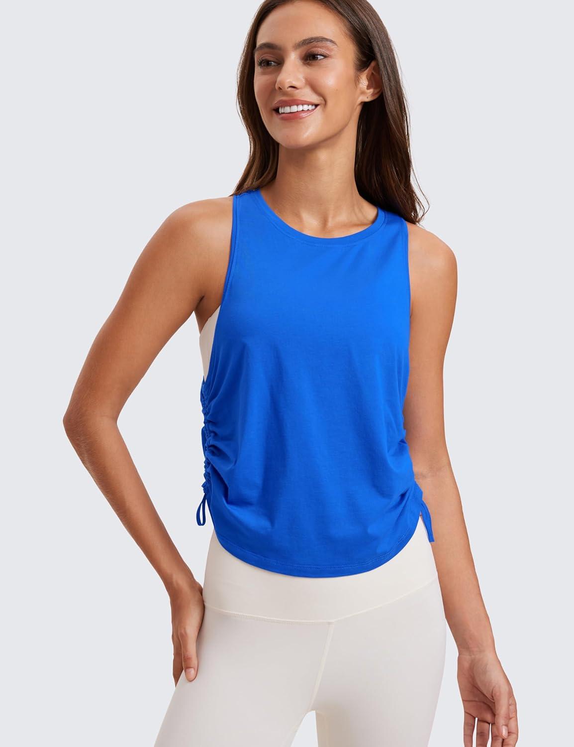 imageCRZ YOGA Pima Cotton Ruched Side Tank Tops for Women Workout Athletic Casual Racerback Crewneck Loose Sleeveless ShirtsStrong Blue