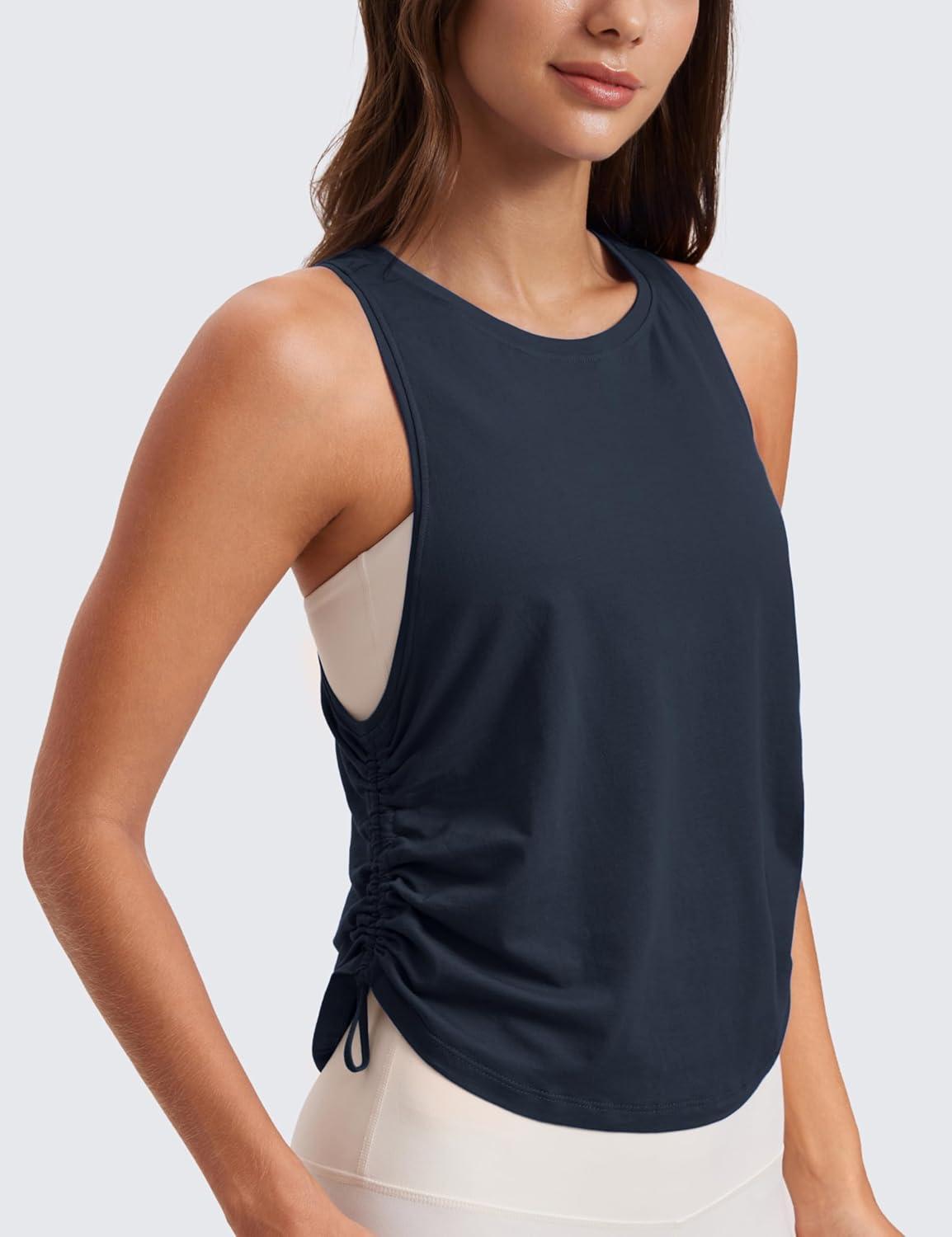 imageCRZ YOGA Pima Cotton Ruched Side Tank Tops for Women Workout Athletic Casual Racerback Crewneck Loose Sleeveless ShirtsTrue Navy