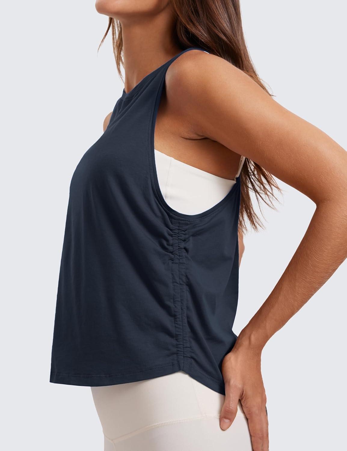 imageCRZ YOGA Pima Cotton Ruched Side Tank Tops for Women Workout Athletic Casual Racerback Crewneck Loose Sleeveless ShirtsTrue Navy