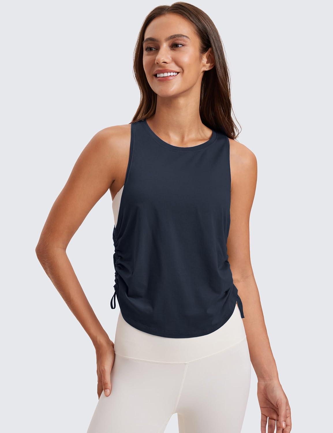imageCRZ YOGA Pima Cotton Ruched Side Tank Tops for Women Workout Athletic Casual Racerback Crewneck Loose Sleeveless ShirtsTrue Navy