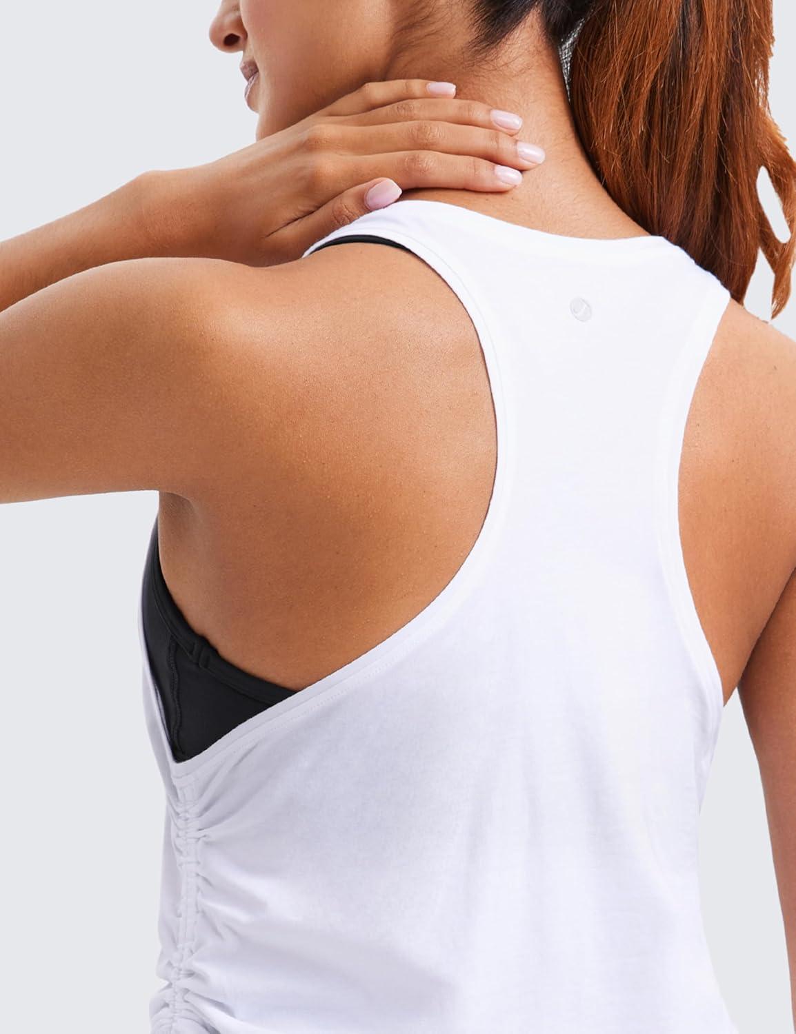 imageCRZ YOGA Pima Cotton Ruched Side Tank Tops for Women Workout Athletic Casual Racerback Crewneck Loose Sleeveless ShirtsWhite