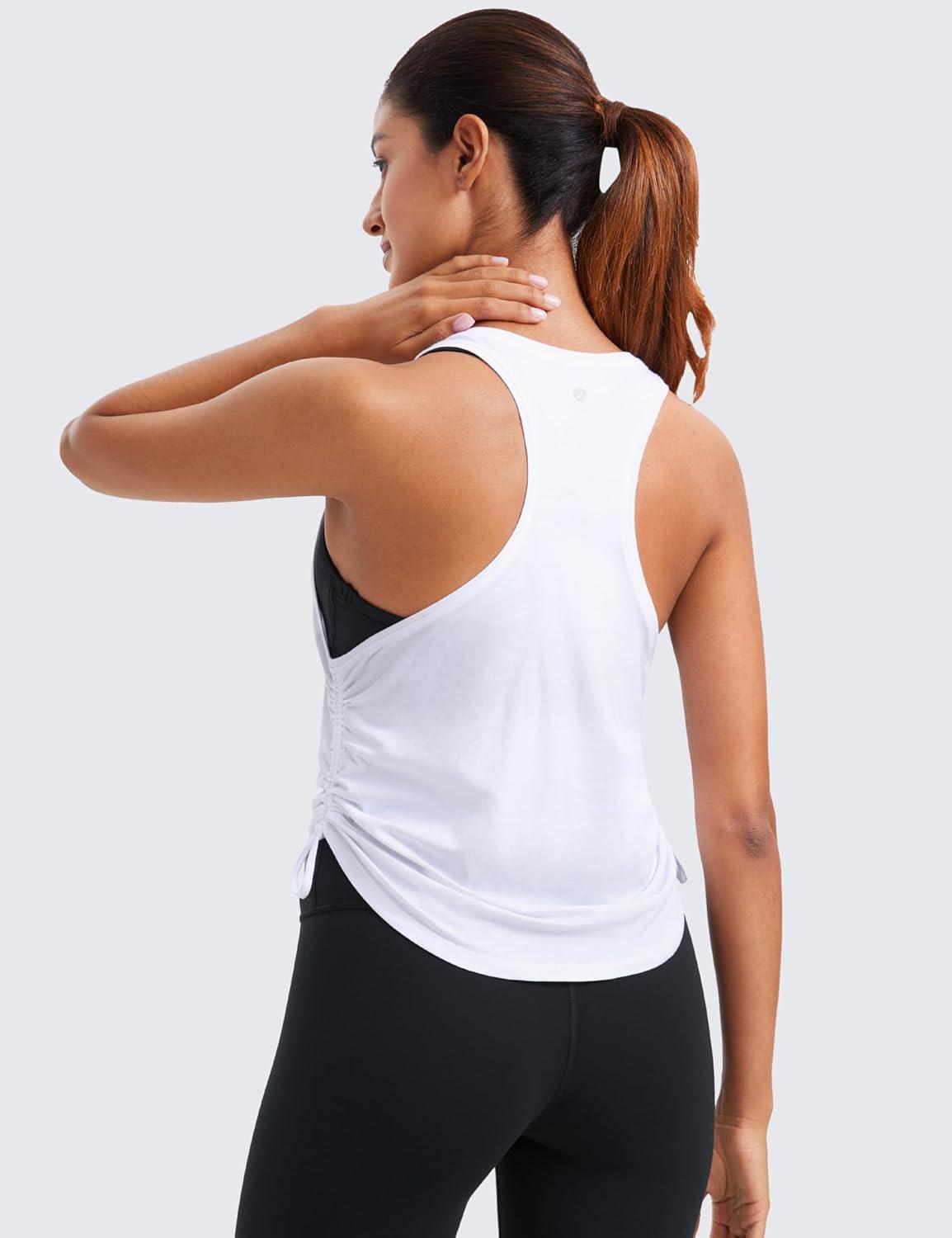 imageCRZ YOGA Pima Cotton Ruched Side Tank Tops for Women Workout Athletic Casual Racerback Crewneck Loose Sleeveless ShirtsWhite