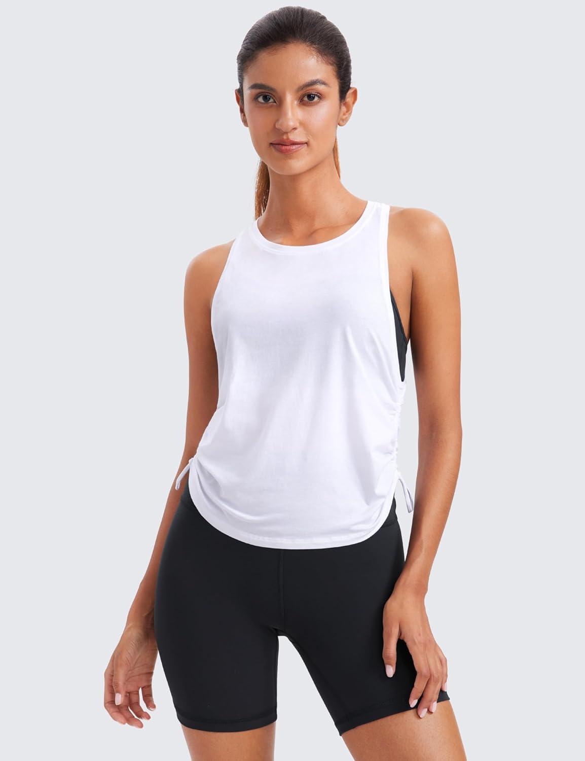 imageCRZ YOGA Pima Cotton Ruched Side Tank Tops for Women Workout Athletic Casual Racerback Crewneck Loose Sleeveless ShirtsWhite