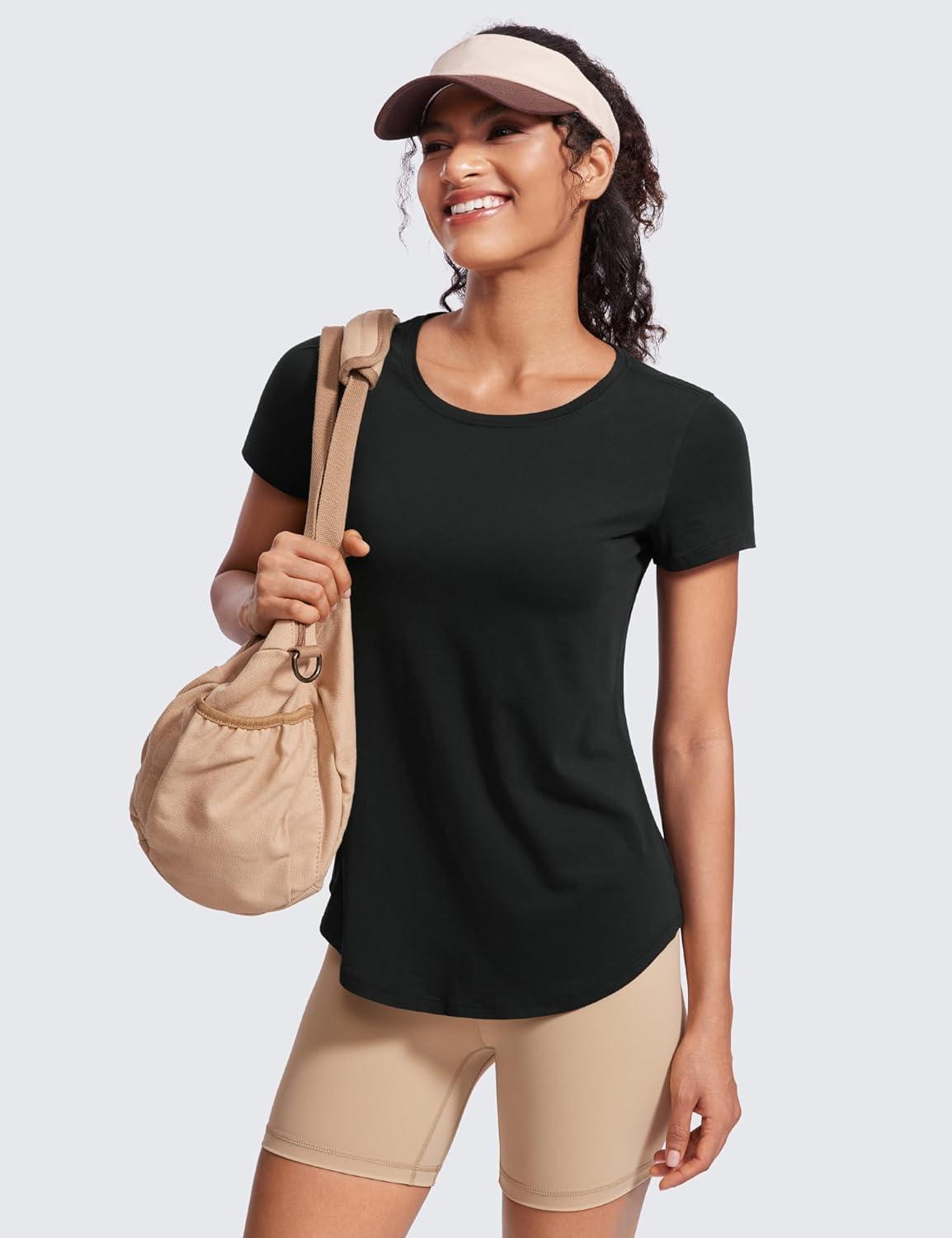 imageCRZ YOGA Pima Cotton Womens Short Sleeve Shirt Loose Casual Yoga TShirt Athletic Workout TopsBlack