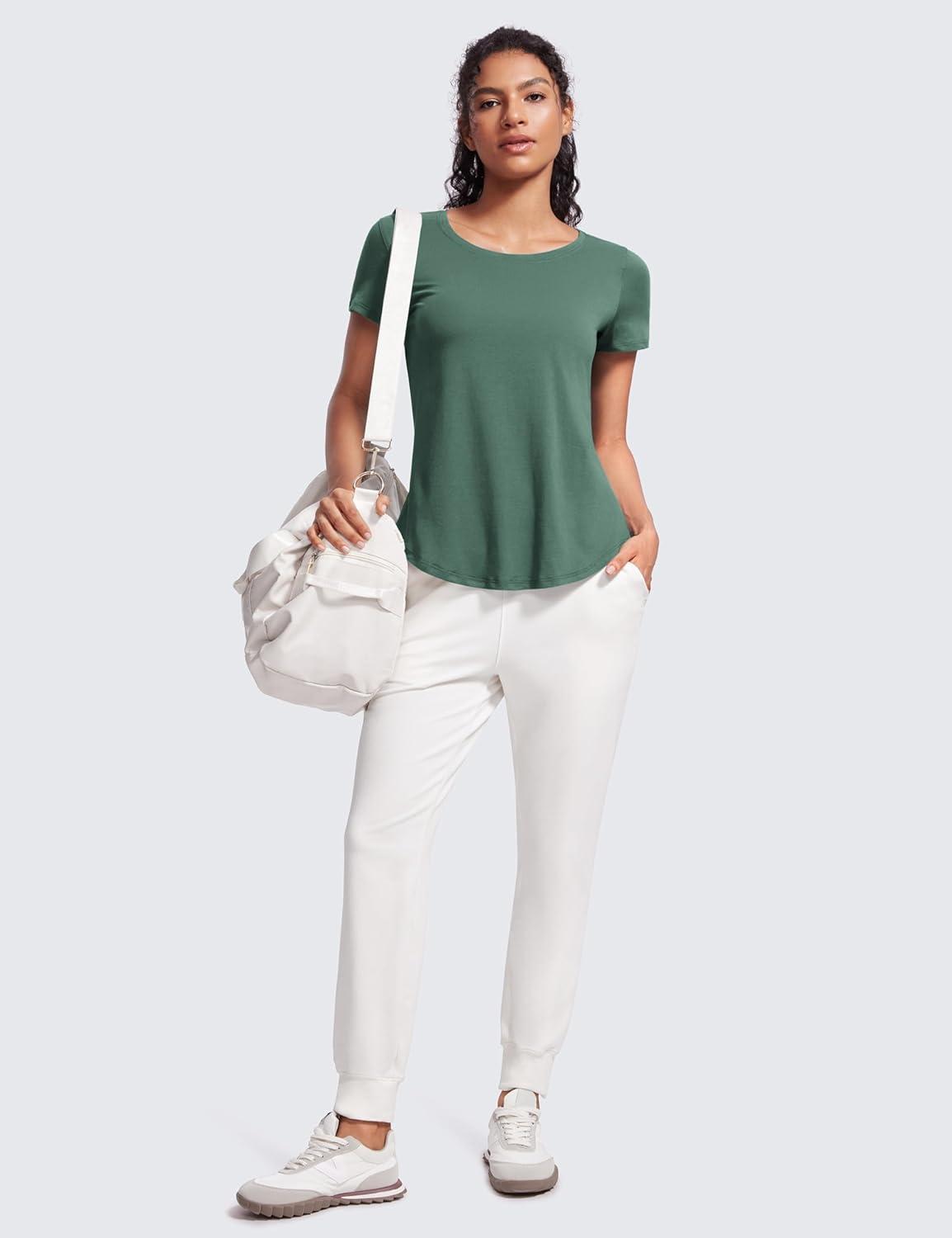 imageCRZ YOGA Pima Cotton Womens Short Sleeve Shirt Loose Casual Yoga TShirt Athletic Workout TopsGraphite Green