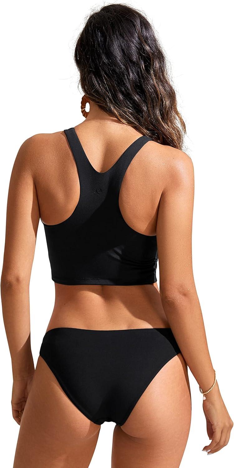 imageCRZ YOGA Racerback Bikini Tops for Women Padded High Neck Modest Swim Sports Bathing BraBlack