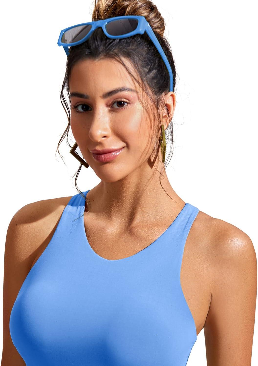 imageCRZ YOGA Racerback Bikini Tops for Women Padded High Neck Modest Swim Sports Bathing BraBlue Violet