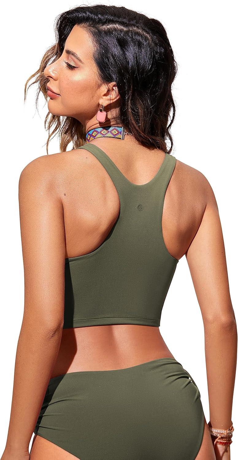 imageCRZ YOGA Racerback Bikini Tops for Women Padded High Neck Modest Swim Sports Bathing BraDark Olive