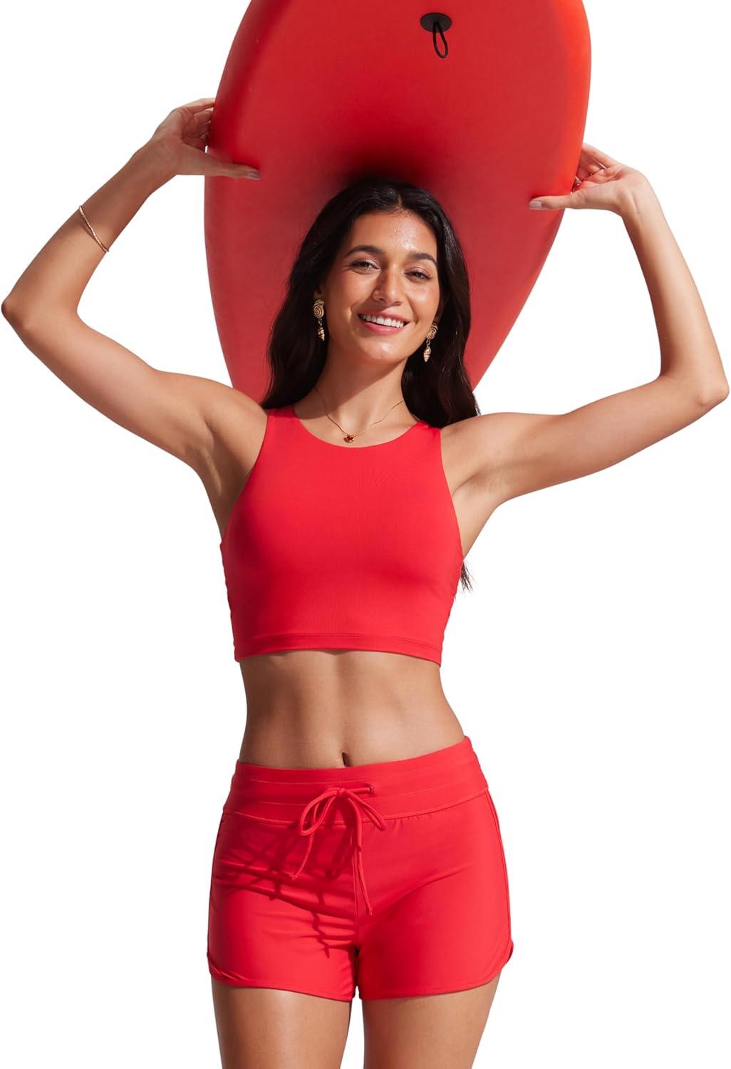 imageCRZ YOGA Racerback Bikini Tops for Women Padded High Neck Modest Swim Sports Bathing BraDeep Red