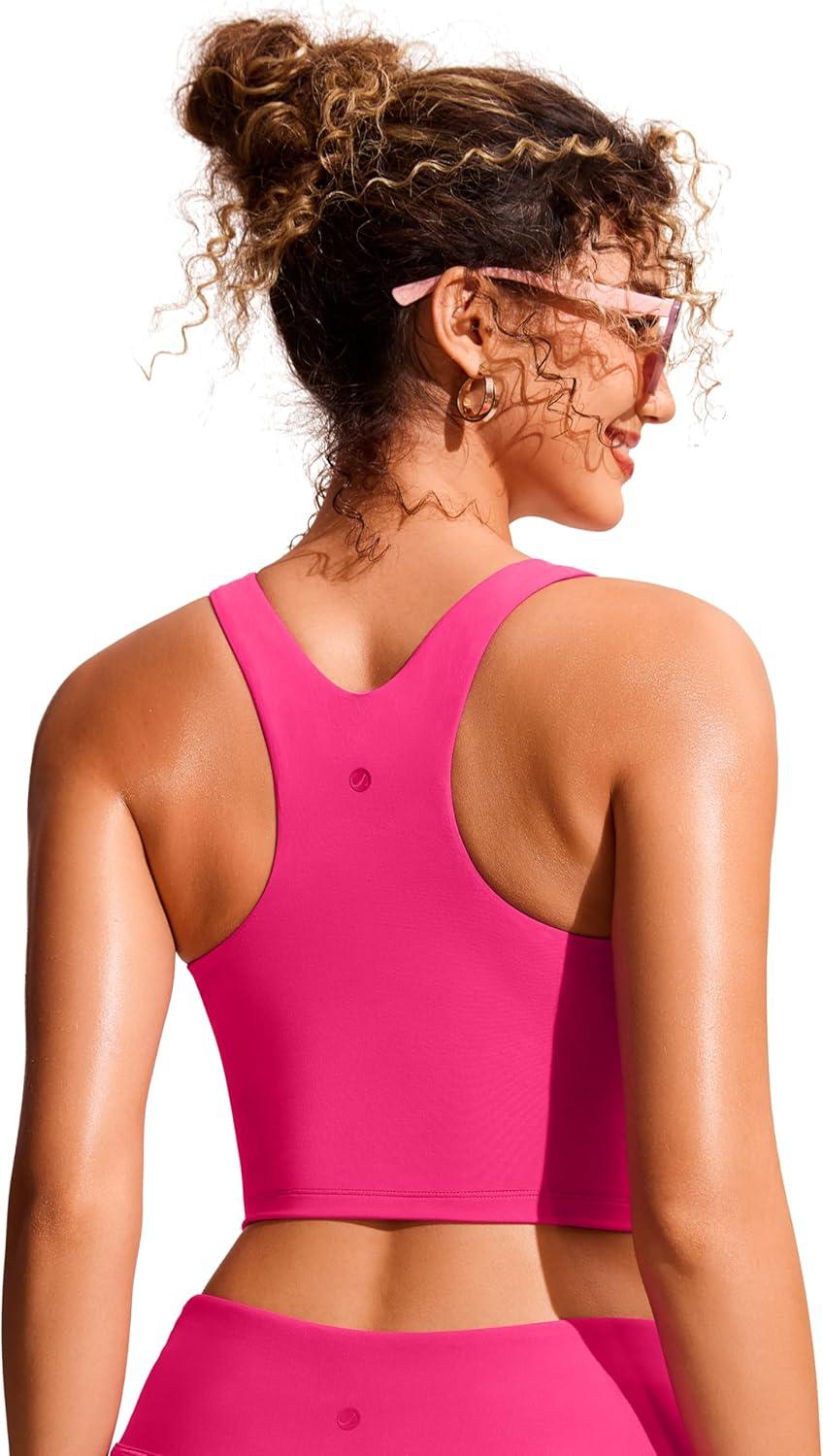 imageCRZ YOGA Racerback Bikini Tops for Women Padded High Neck Modest Swim Sports Bathing BraGranita Pink