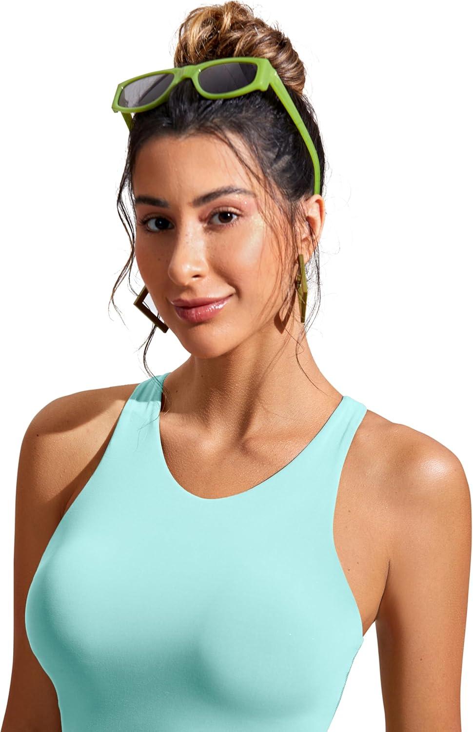 imageCRZ YOGA Racerback Bikini Tops for Women Padded High Neck Modest Swim Sports Bathing BraHydra Blue