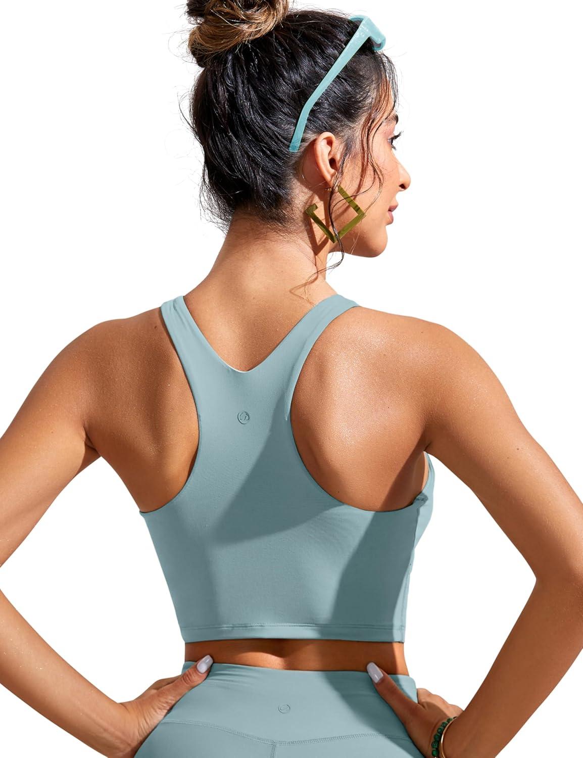 imageCRZ YOGA Racerback Bikini Tops for Women Padded High Neck Modest Swim Sports Bathing BraLight Grayish Blue