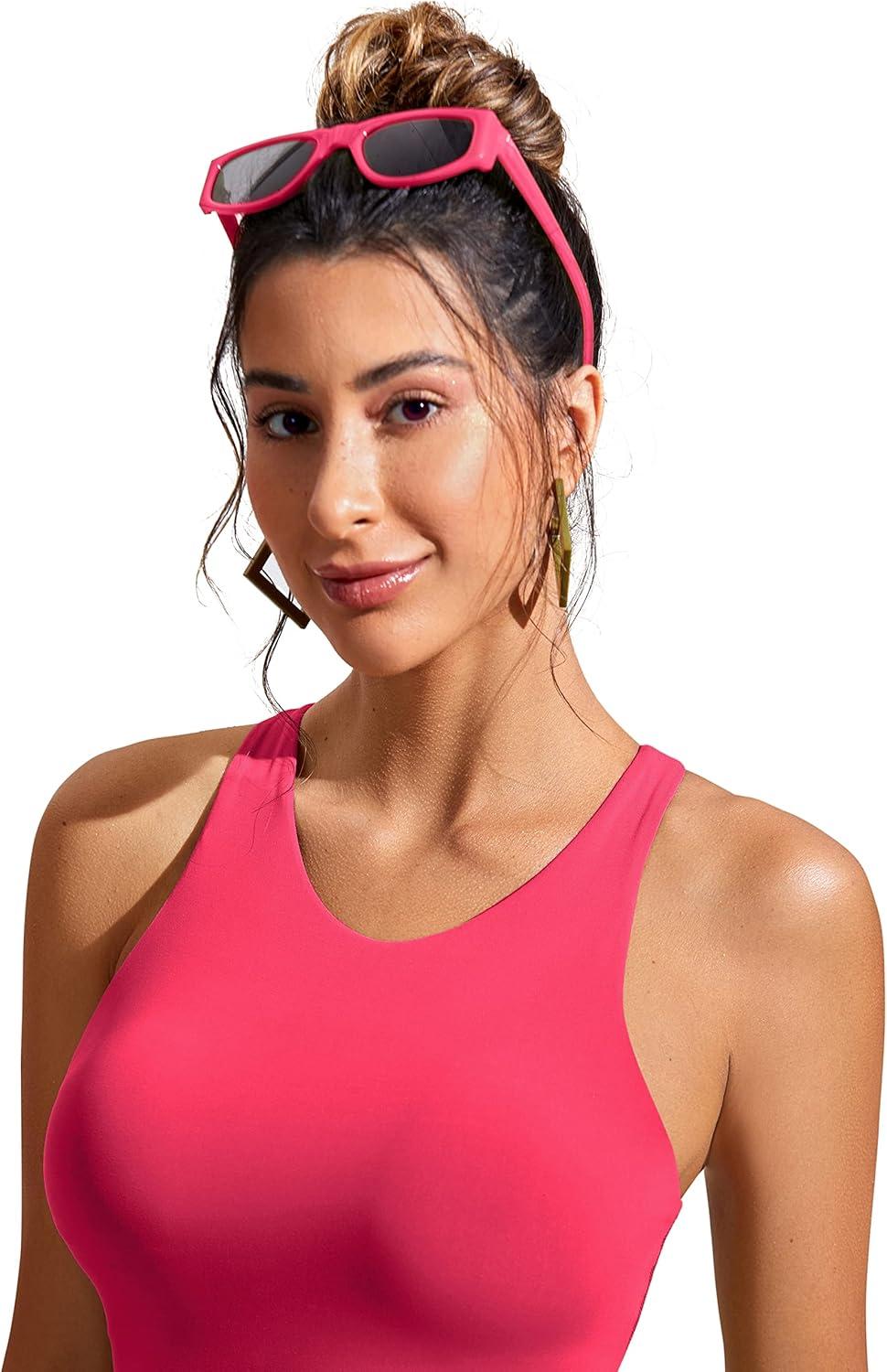 imageCRZ YOGA Racerback Bikini Tops for Women Padded High Neck Modest Swim Sports Bathing BraMagenta