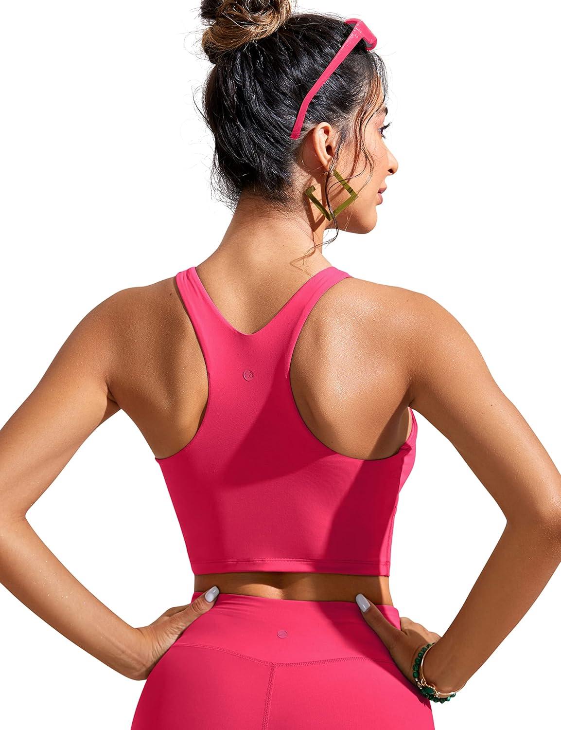 imageCRZ YOGA Racerback Bikini Tops for Women Padded High Neck Modest Swim Sports Bathing BraMagenta