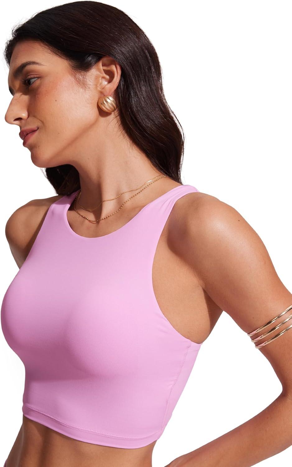 imageCRZ YOGA Racerback Bikini Tops for Women Padded High Neck Modest Swim Sports Bathing BraVita Pink